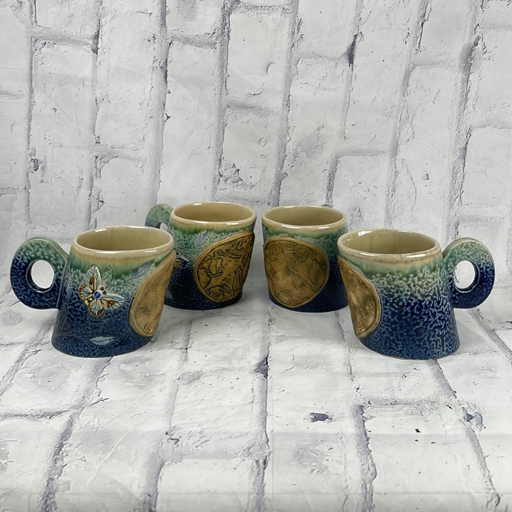 F Widayanto Slanted Ceramic Mugs Set of 4 Artisan Made Ceramic Butterfly Design